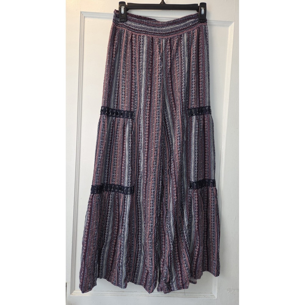 Love Wish Boho Wide Leg Palazzo Pants Navy Pink White Crochet Trim. M